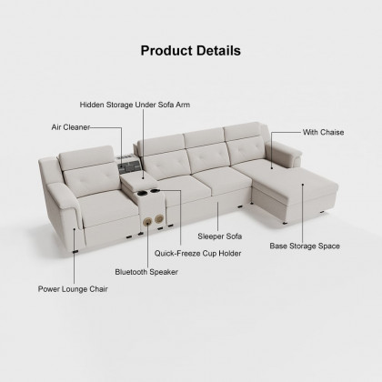 HMR - 134.6" White Power Reclining Sectional Sofa Pull Out Bed Cup Holder & Speaker & Storage