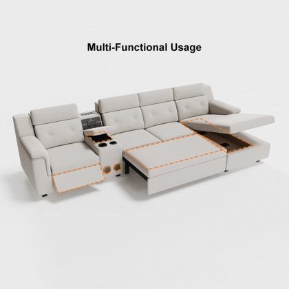 HMR - 134.6" White Power Reclining Sectional Sofa Pull Out Bed Cup Holder & Speaker & Storage