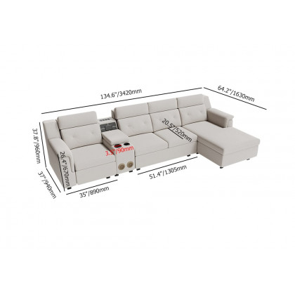 HMR - 134.6" White Power Reclining Sectional Sofa Pull Out Bed Cup Holder & Speaker & Storage