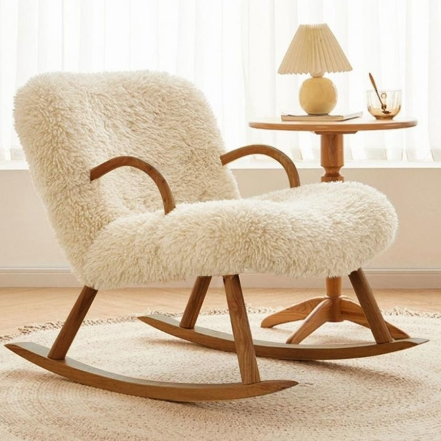HMR - White Boucle Upholstery Rocking Chair Solid Wood Accent Chair in Walnut