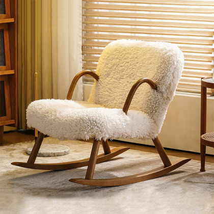 HMR - White Boucle Upholstery Rocking Chair Solid Wood Accent Chair in Walnut