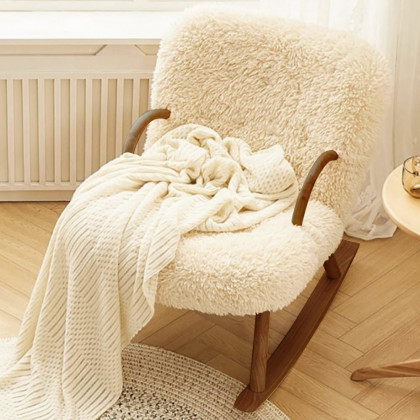 HMR - White Boucle Upholstery Rocking Chair Solid Wood Accent Chair in Walnut