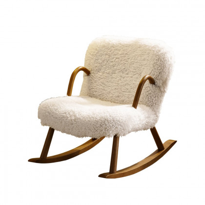 HMR - White Boucle Upholstery Rocking Chair Solid Wood Accent Chair in Walnut
