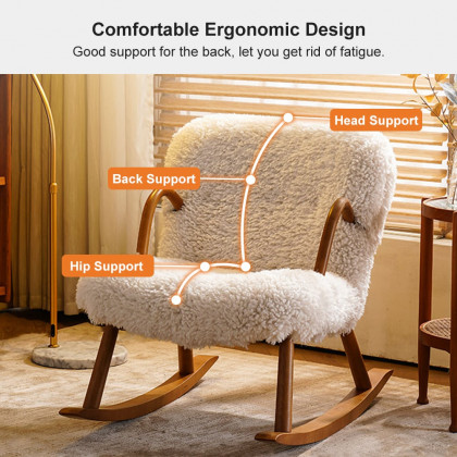HMR - White Boucle Upholstery Rocking Chair Solid Wood Accent Chair in Walnut
