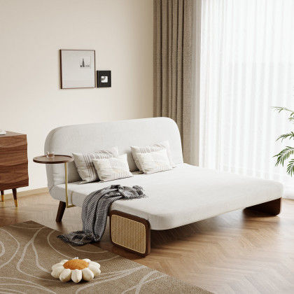 HMR Velvet & Rattan Sleeper Sofa with Tray - White, Queen Size