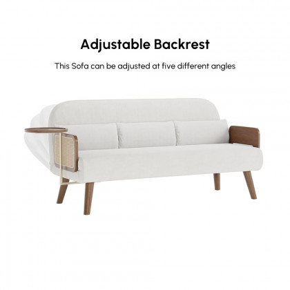 HMR Velvet & Rattan Sleeper Sofa with Tray - White, Queen Size
