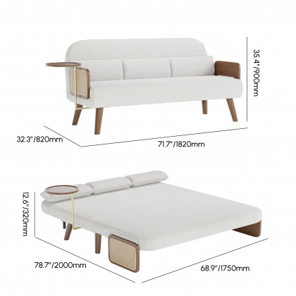HMR Velvet & Rattan Sleeper Sofa with Tray - White, Queen Size