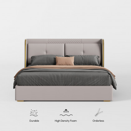HMR Leather Upholstered Queen Bed with Wingback Headboard - Light Gray, Queen Size