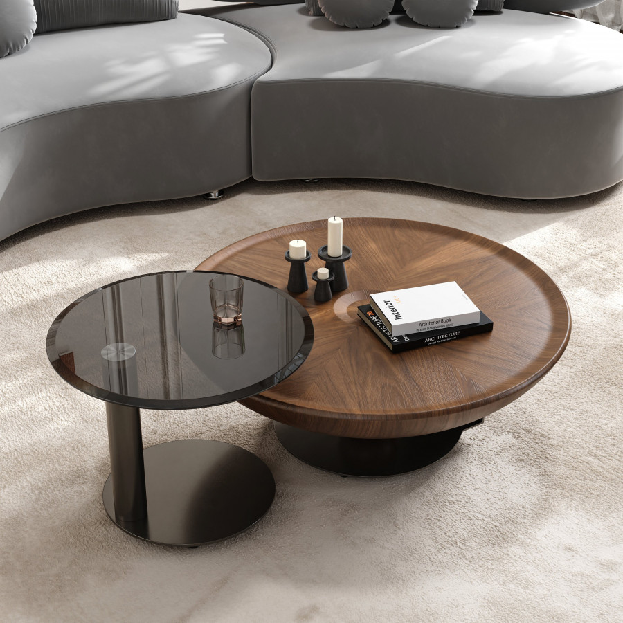 HMR - Glass Top Walnut Nesting Coffee Table Set of 2(22"-35")