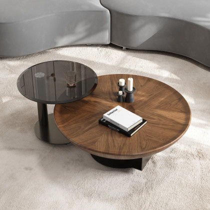 HMR - Glass Top Walnut Nesting Coffee Table Set of 2(22"-35")