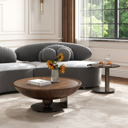 HMR - Glass Top Walnut Nesting Coffee Table Set of 2(22"-35")
