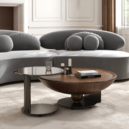HMR - Glass Top Walnut Nesting Coffee Table Set of 2(22"-35")