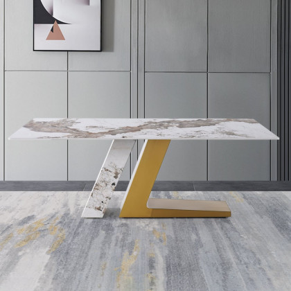 HMR - Dining Set 79" Modern Rectangle Sintered Stone Dining Table Gold with 8 Chairs
