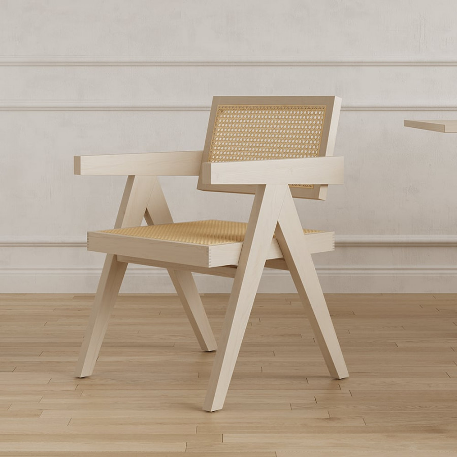 HMR Archic Japandi Bleached Wood Rattan Dining Chair with Solid Wood Frame - Washed White, Without Upholstery, 6-Pieces