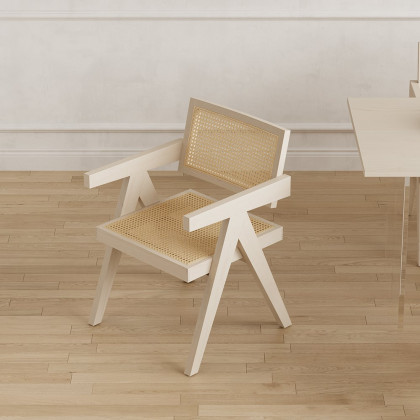 HMR Archic Japandi Bleached Wood Rattan Dining Chair with Solid Wood Frame - Washed White, Without Upholstery, 6-Pieces