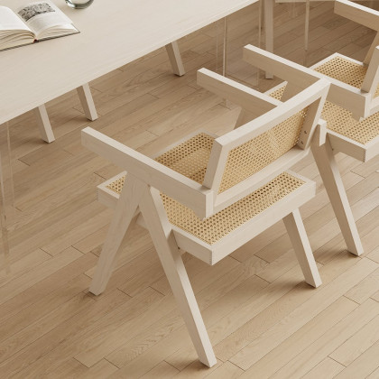 HMR Archic Japandi Bleached Wood Rattan Dining Chair with Solid Wood Frame - Washed White, Without Upholstery, 6-Pieces