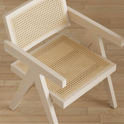HMR Archic Japandi Bleached Wood Rattan Dining Chair with Solid Wood Frame - Washed White, Without Upholstery, 6-Pieces