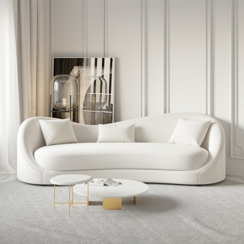 HMR 84" Luxury Velvet Upholstered 3-Seater Sofa with Solid Wood Frame - Off-White