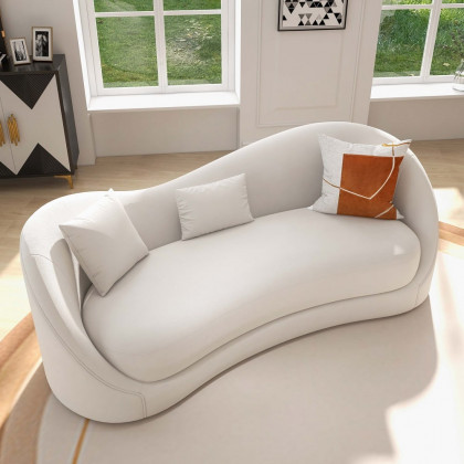 HMR 84" Luxury Velvet Upholstered 3-Seater Sofa with Solid Wood Frame - Off-White