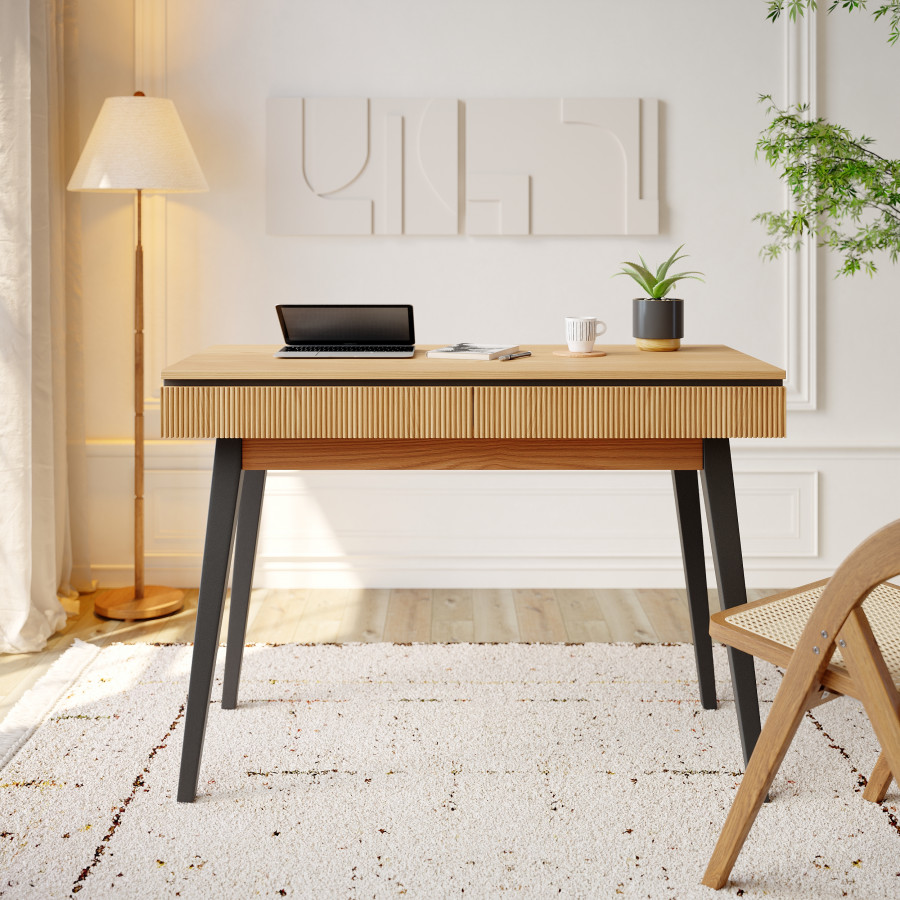 HMR - 43.30" Natural Modern Desk with 2 Drawers & Tapered Legs