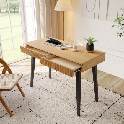 HMR - 43.30" Natural Modern Desk with 2 Drawers & Tapered Legs