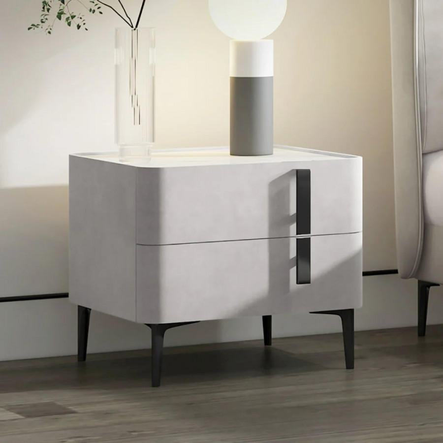 HMR Modern Nightstand with Drawers & Sintered Stone Top Freestanding Bedside Table - Gray, Right Hand