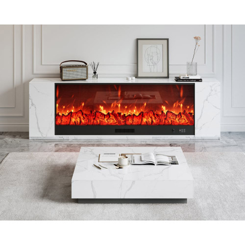 HMR Sintered Stone Electric Fireplace TV Stand & Coffee Table Set - White, 78.7"W x 12.6"D x 23.6"H