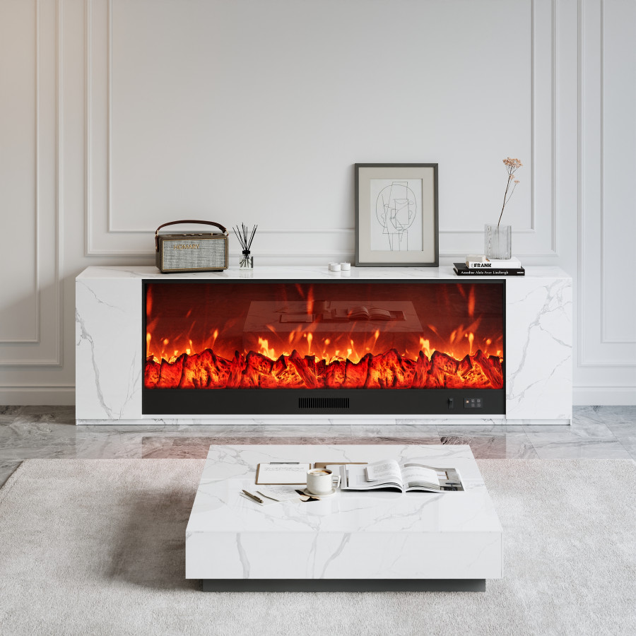 HMR Sintered Stone Electric Fireplace TV Stand & Coffee Table Set - White, 78.7"W x 12.6"D x 23.6"H