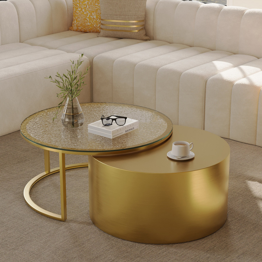 HMR - 31.5" Gold Round Glass Top Nesting Coffee Table Set