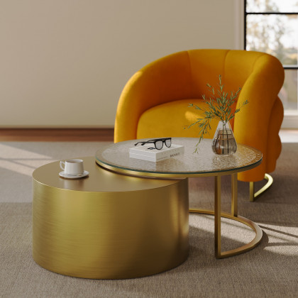 HMR - 31.5" Gold Round Glass Top Nesting Coffee Table Set