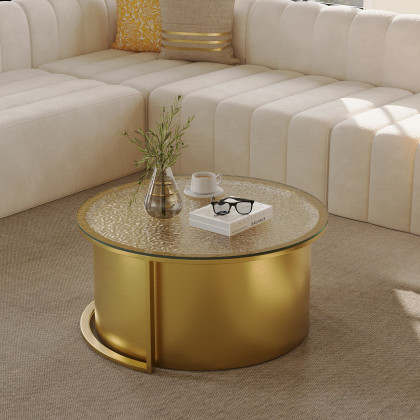 HMR - 31.5" Gold Round Glass Top Nesting Coffee Table Set