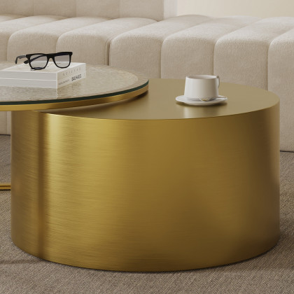 HMR - 31.5" Gold Round Glass Top Nesting Coffee Table Set