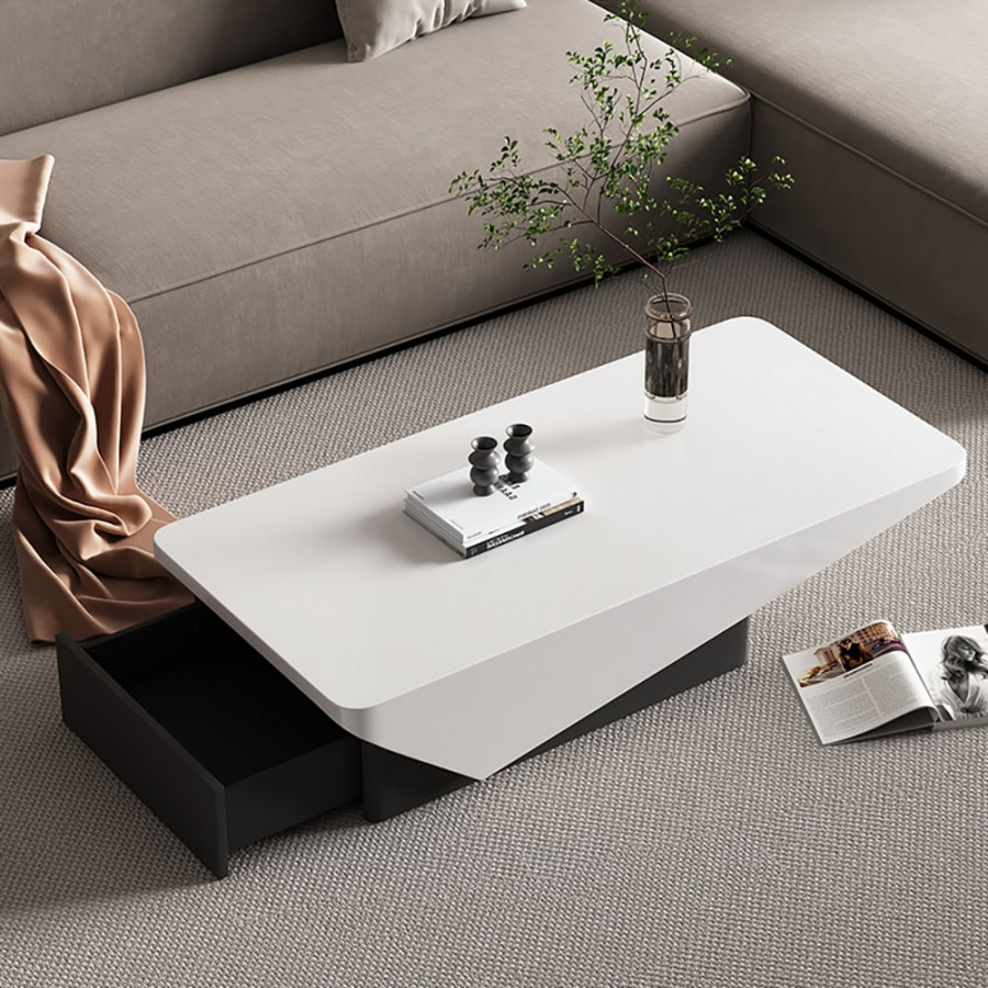 HMR - 47" Block Coffee Table White Rectangular with Drawer Storage in Black