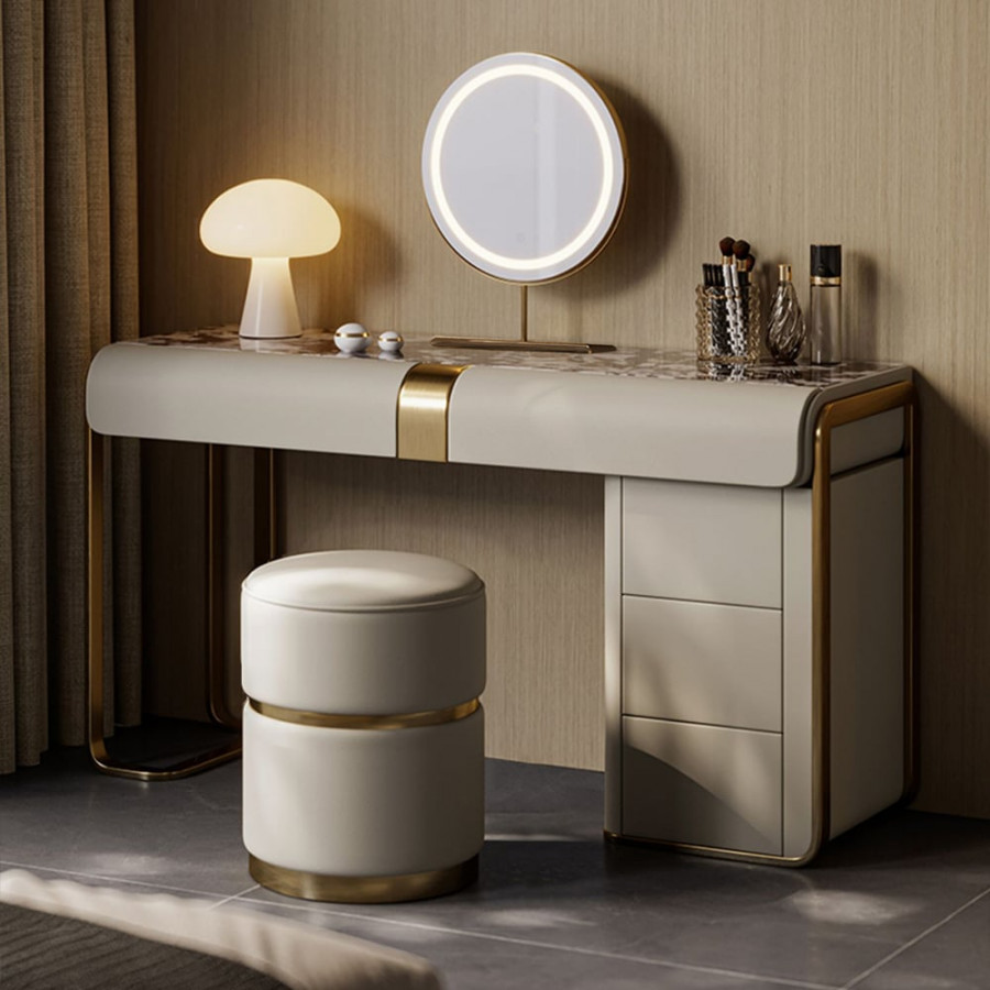 HMR - Modern Gray Makeup Vanity Set with Side Cabinet Dressing Table with Mirror & Stool