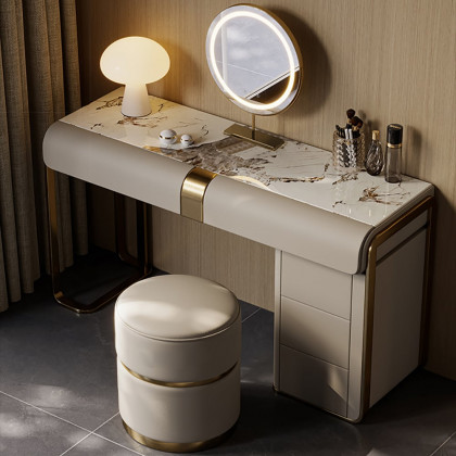 HMR - Modern Gray Makeup Vanity Set with Side Cabinet Dressing Table with Mirror & Stool