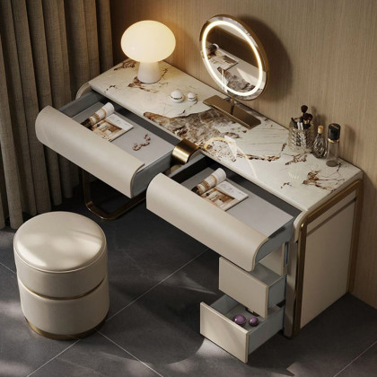 HMR - Modern Gray Makeup Vanity Set with Side Cabinet Dressing Table with Mirror & Stool