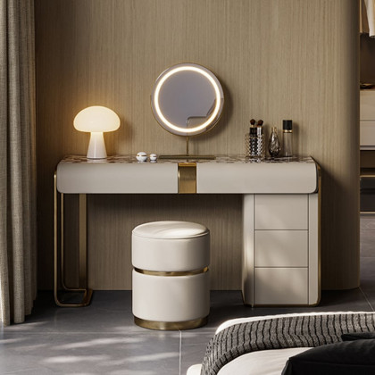 HMR - Modern Gray Makeup Vanity Set with Side Cabinet Dressing Table with Mirror & Stool
