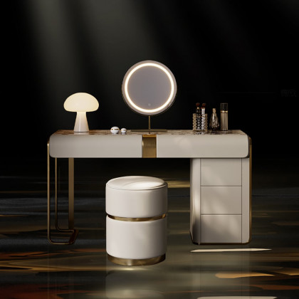 HMR - Modern Gray Makeup Vanity Set with Side Cabinet Dressing Table with Mirror & Stool