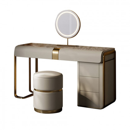 HMR - Modern Gray Makeup Vanity Set with Side Cabinet Dressing Table with Mirror & Stool