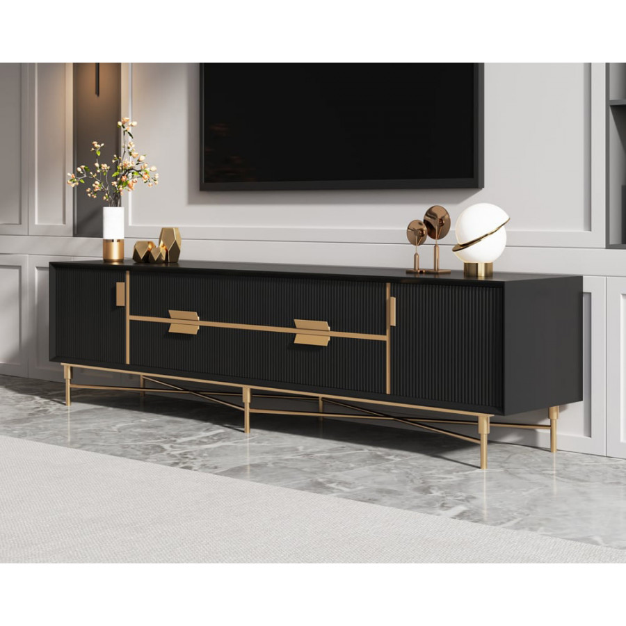 HMR Modern Rectangle TV Stand Media Console for 85" TVs with 4 Drawers & Doors MDF - Black, 86.6"