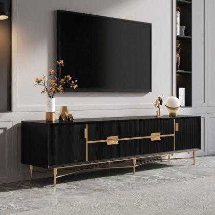 HMR Modern Rectangle TV Stand Media Console for 85" TVs with 4 Drawers & Doors MDF - Black, 86.6"