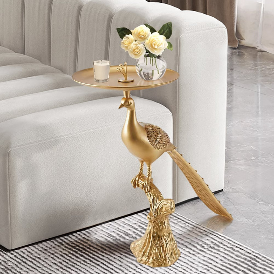 HMR - Peacock Figurine Art Deco Gold Side Table with Tray Top