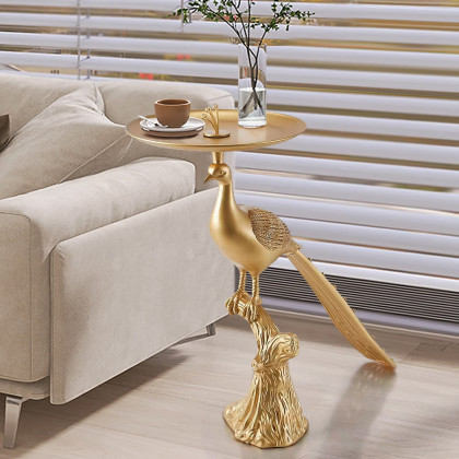 HMR - Peacock Figurine Art Deco Gold Side Table with Tray Top