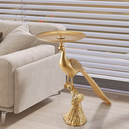 HMR - Peacock Figurine Art Deco Gold Side Table with Tray Top