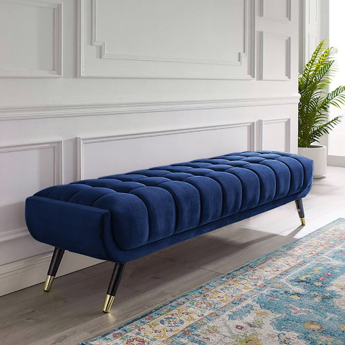 HMR Enoak Modern Bedroom Bench Velvet Upholstery Wooden Legs - Blue