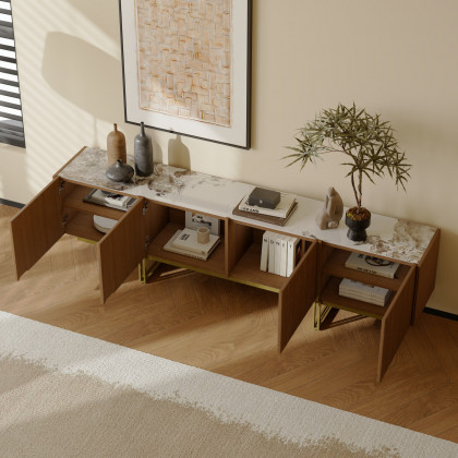 HMR Grovyn Sintered Stone Top Fluted TV Stand with Storage - Walnut, 86.6"W x 17.7"D x 23.6"H, Without Fireplace