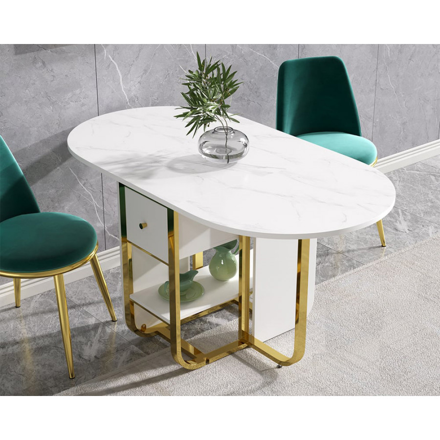 HMR 59.1" Modern Rectangle Leaf Folding Wood Dining Table with Storage Seats 4-6 People - White