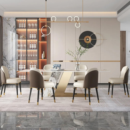 HMR - Dining Set 70.9" Rectangle Sintered Stone Dining Table with 6 Chairs