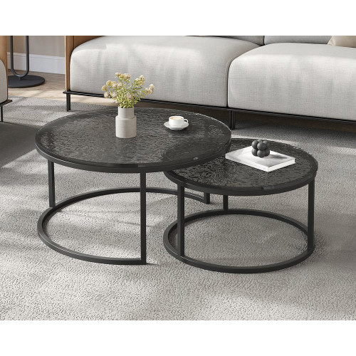 HMR Fero Round Nesting Coffee Table Set (24"-32") - Gray/Black, Glass