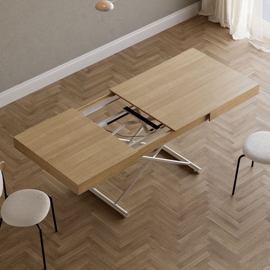 HMR - Modern Natural Wood Extendable Coffee Table & Dining Table Rectangle Height Adjustable